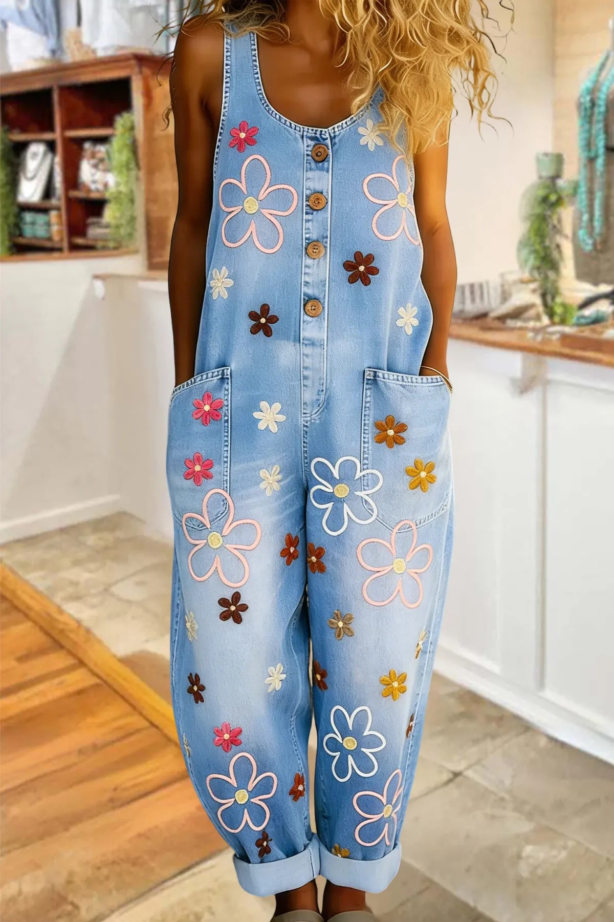 Multicolor Petal-Print Denim Jumpsuit-S.fashion