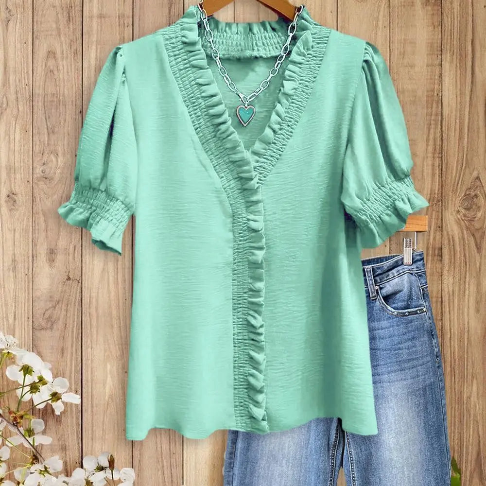 Womens Smocked Ruffle Trim V-Neck Blouse-S.fashion