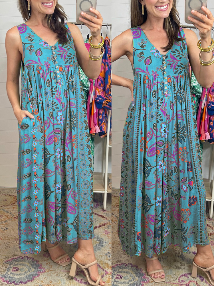 Vintage floral print loose sleeveless jumpsuit-S.fashion