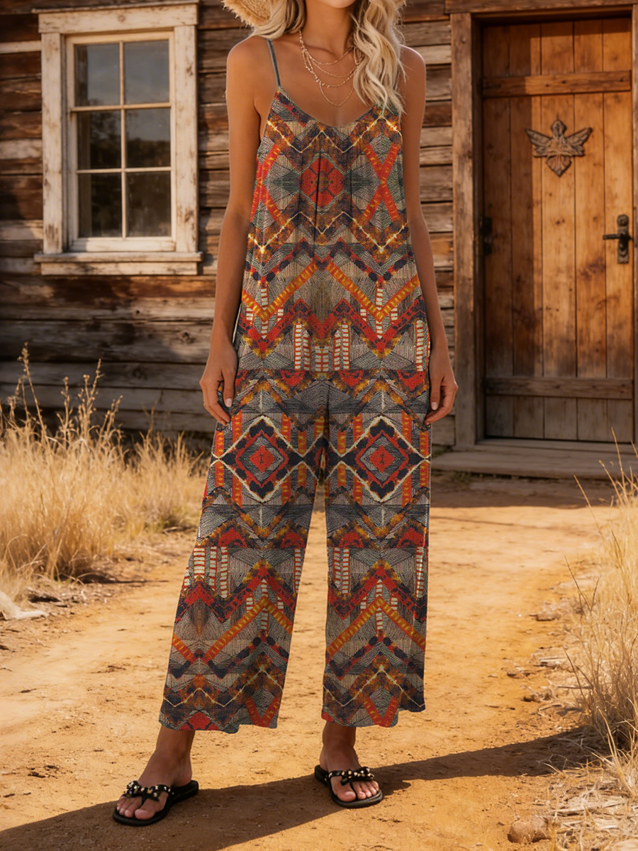 Women's Retro Ethnic Art Print Casual Camisole Jumpsuit-S.fashion