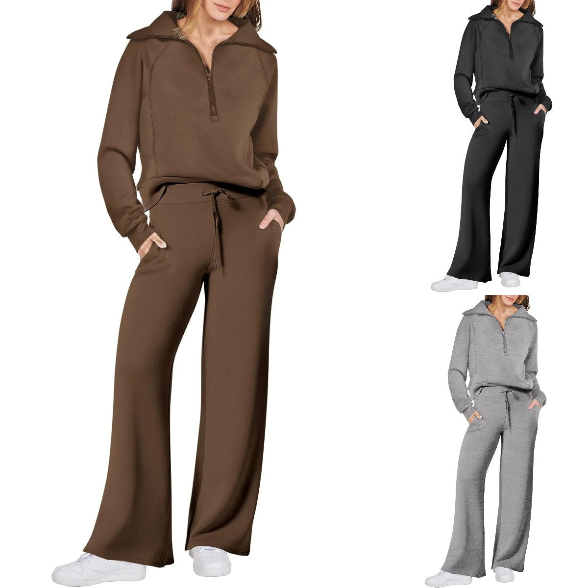 Women's 2 Piece Lounge Matching Set Wide Leg Sweatpant Half Zip Sweatshirt-S.fashion