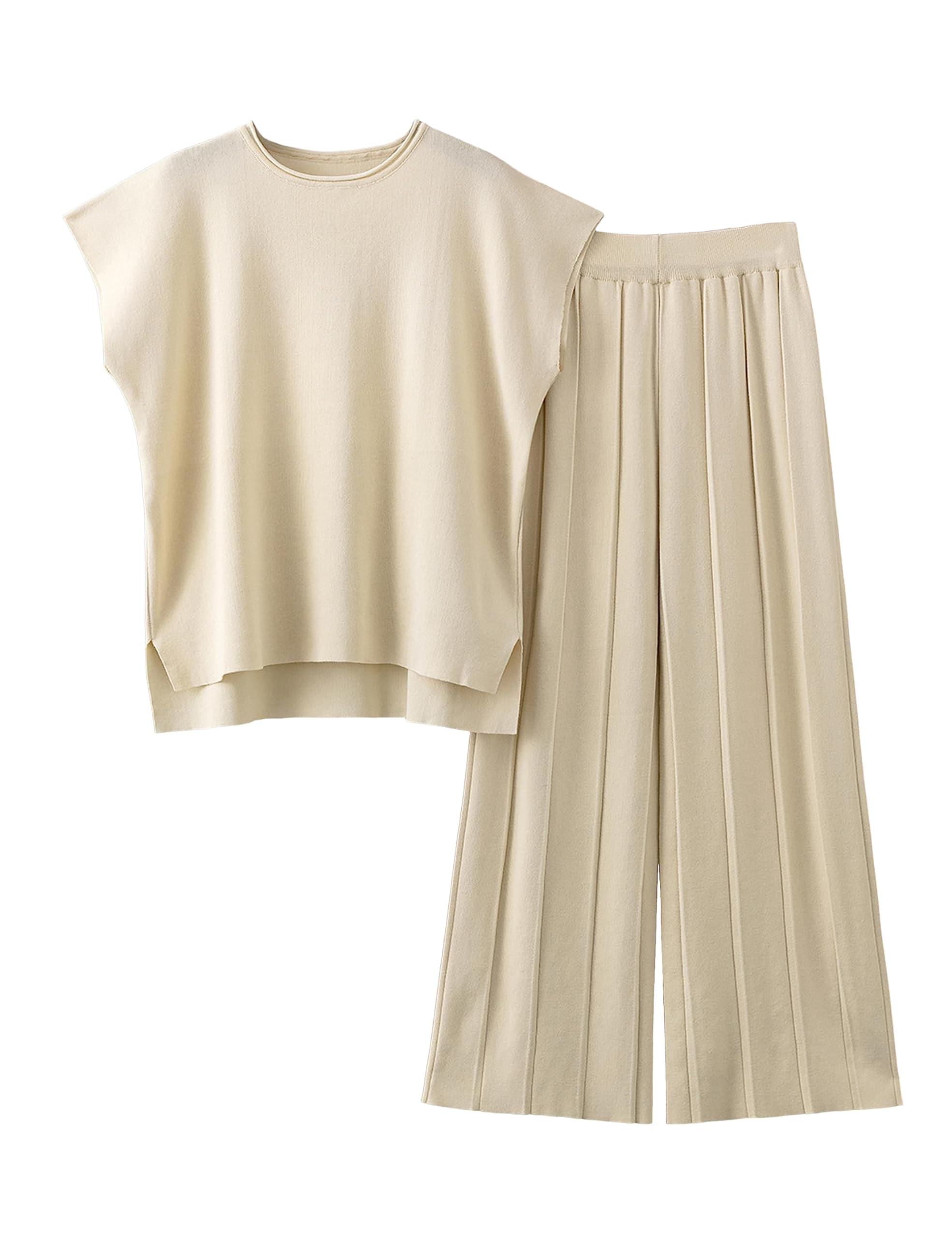 Women Knit 2 Piece Sweater Sets Pullover Tops High Waist Wide Leg Pants Lounge Set-S.fashion