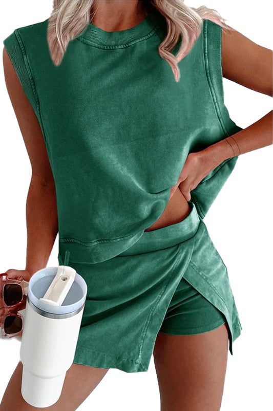 Womens Mineral Wash Comfy Tank Top Lined Split Athletic Skirt Set-S.fashion