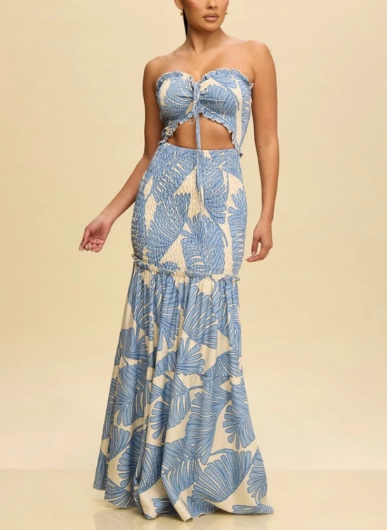 Women's Print Strapless Smocked Top & Mermaid Maxi Skirt Two-Piece Set-S.fashion
