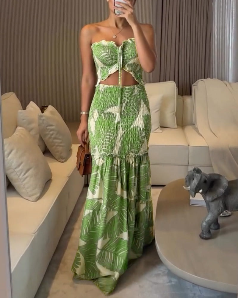 Women's Print Strapless Smocked Top & Mermaid Maxi Skirt Two-Piece Set-S.fashion