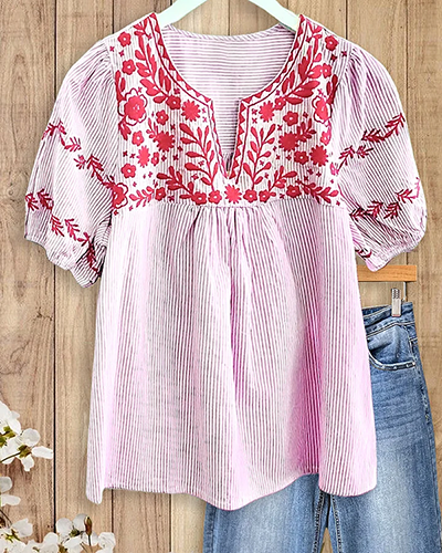 Bohemian Embroidered Striped Puff Sleeve Blouse-S.fashion