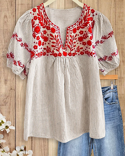 Bohemian Embroidered Striped Puff Sleeve Blouse-S.fashion