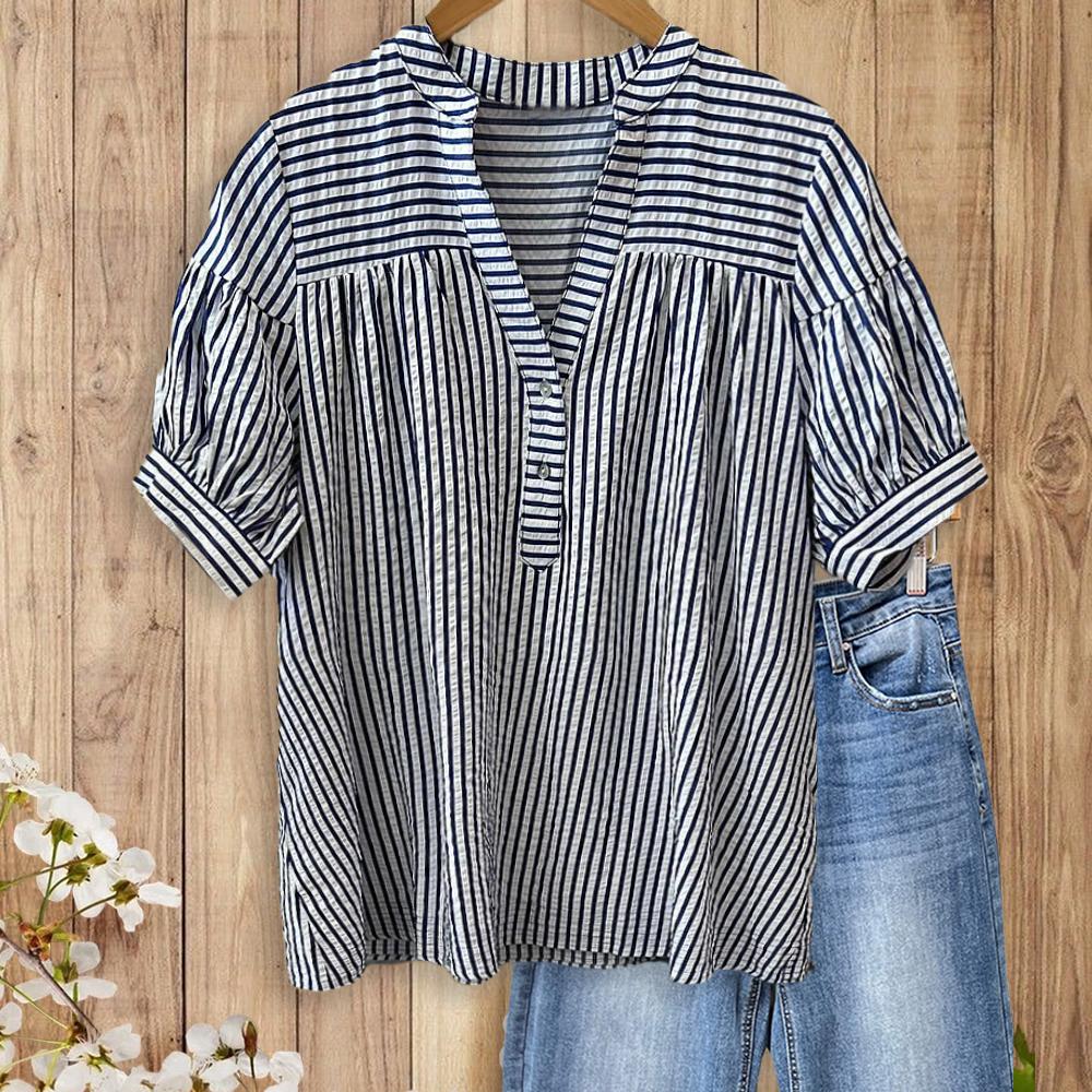 Women's Striped Half Button Yoke Gathered Puff Short Sleeve Blouse-S.fashion