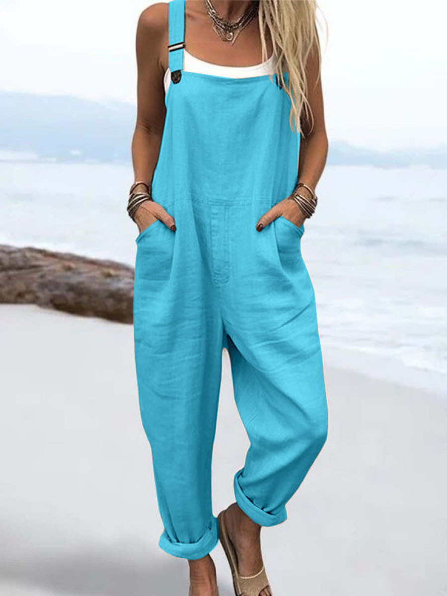 Wome's Vacation Retro  Casual Cotton Linen Wide Leg Jumpsuit-S.fashion