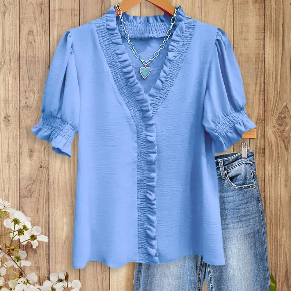 Womens Smocked Ruffle Trim V-Neck Blouse-S.fashion