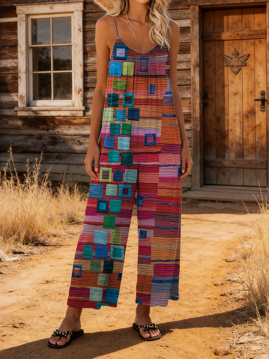 Women's Retro Colorful Ethnic Art Print Casual Cotton Jumpsuit-S.fashion