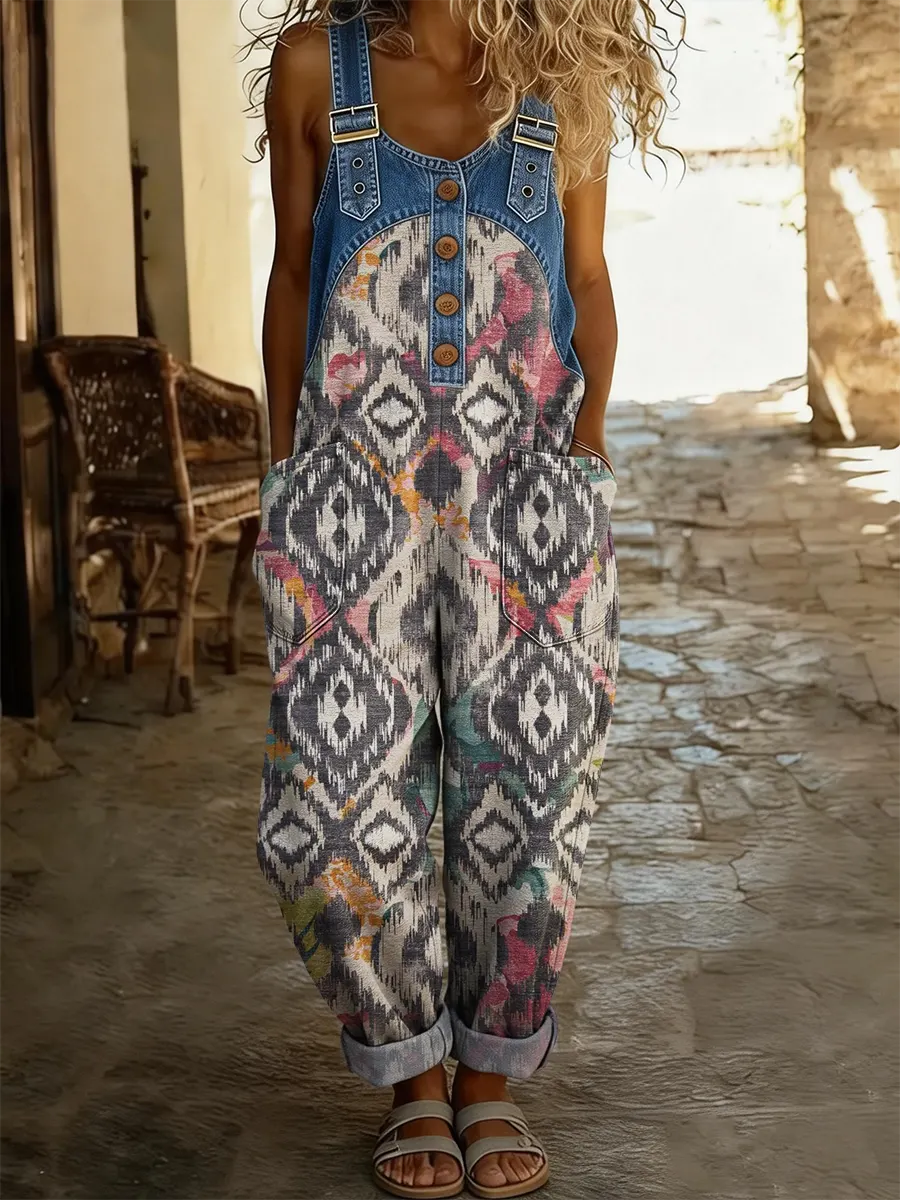 Ethnicity Totem Geometry Pattern Women's Casual Washed Cotton Denim Patchwork Jumpsuit-S.fashion