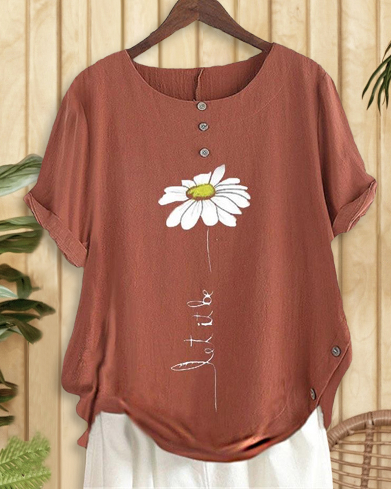 Floral Print Round Neck Casual Button T-Shirt-S.fashion