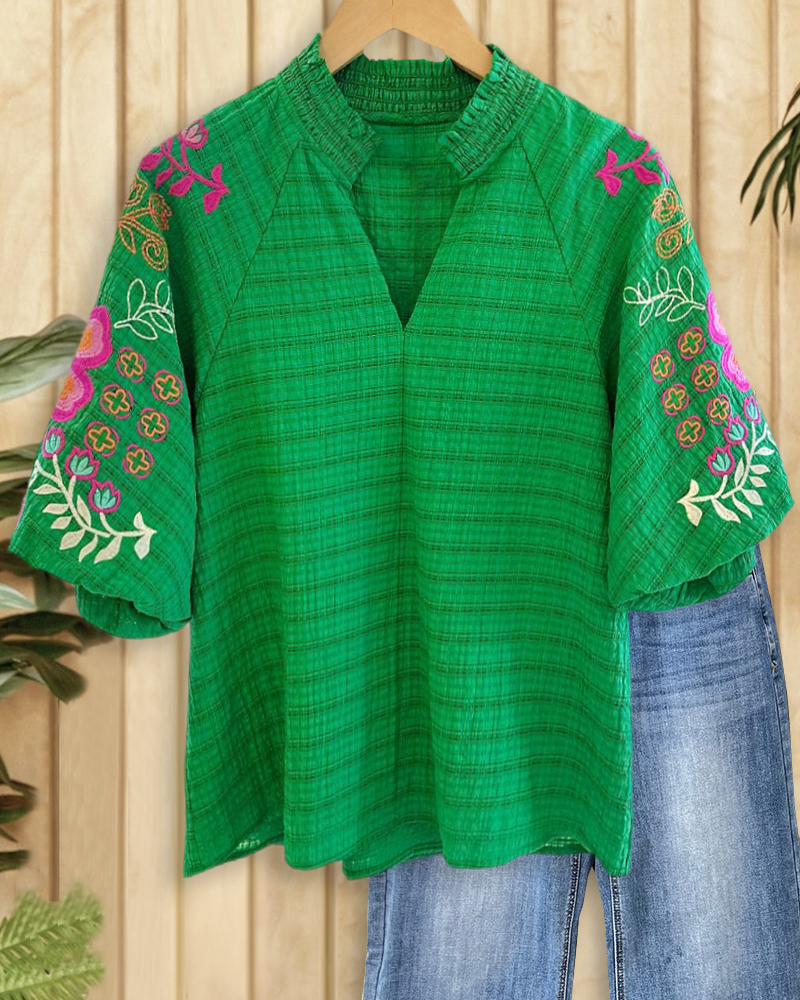 Floral Embroidery Puff Sleeve V Neck Smart Blouse-S.fashion