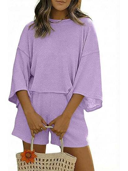Women's Waffle Knit 3/4 Sleeve 2 Piece Lounge Set-S.fashion