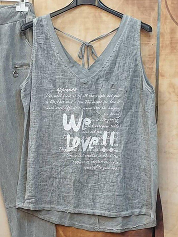 Gray Letter Sleeveless Spaghetti Casual Suits-S.fashion