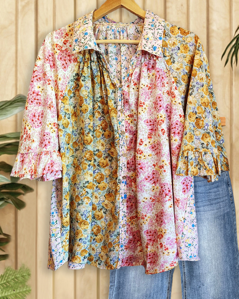 Mixed Floral Print Commuting Ruffle Sleeve Button Shirt-S.fashion