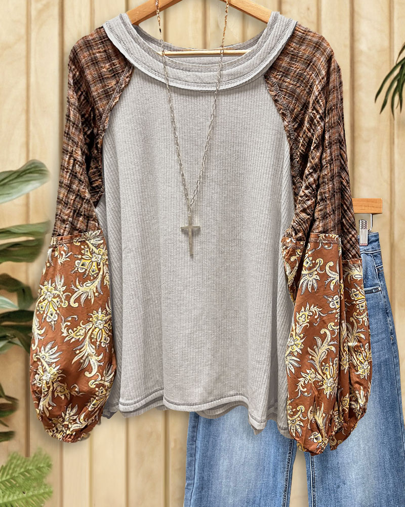 Mixed Print Patchwork Retro Round Neck Blouse-S.fashion