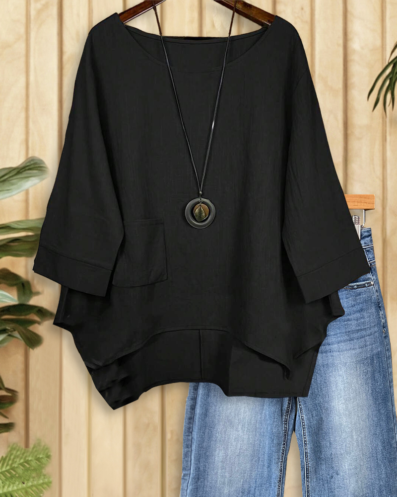Solid Color Casual Pocket Irregular Blouse-S.fashion