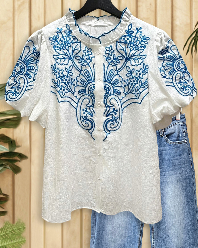 Floral Embroidery Puff Sleeve Unique Blouse-S.fashion