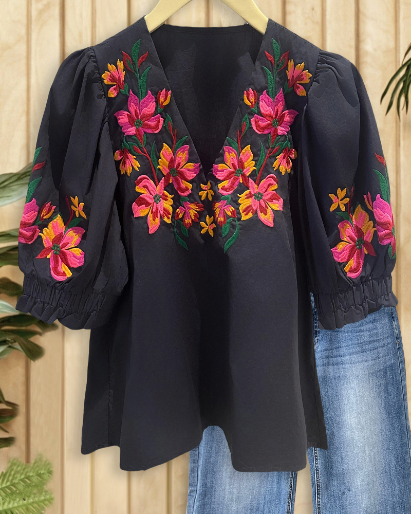Floral Print Oriental V Neck T-Shirt-S.fashion