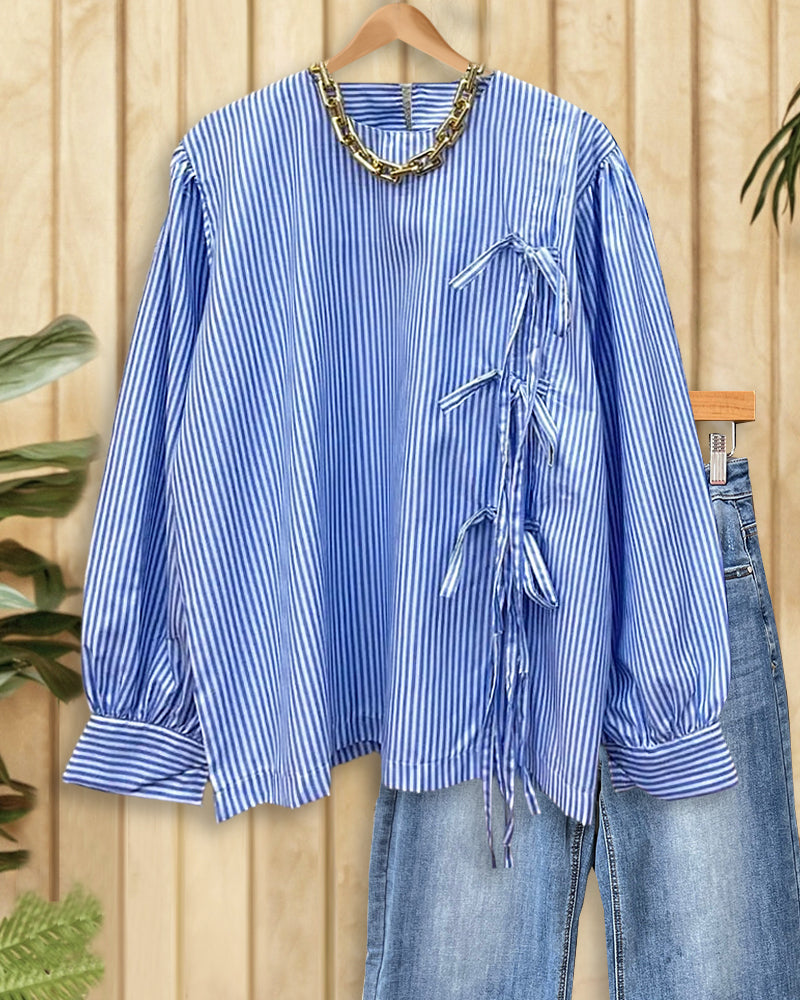 Vertical Striped Simple Bowknot Decor Blouse-S.fashion