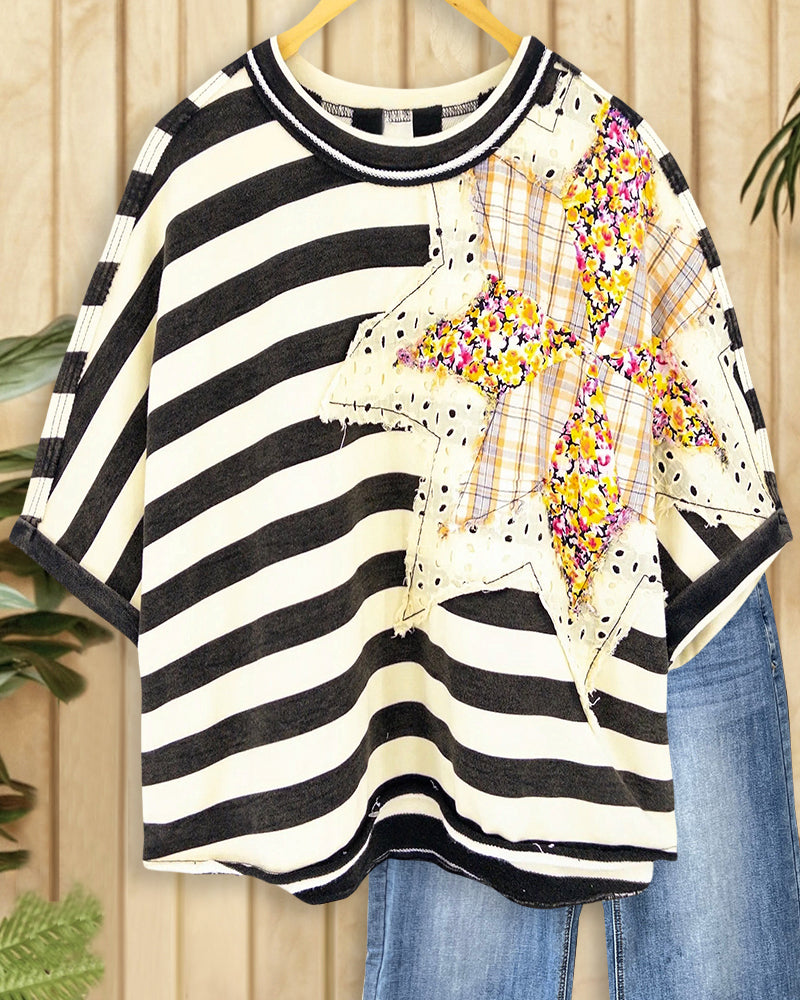Star Applique Striped Round Neck Smart Shirt-S.fashion