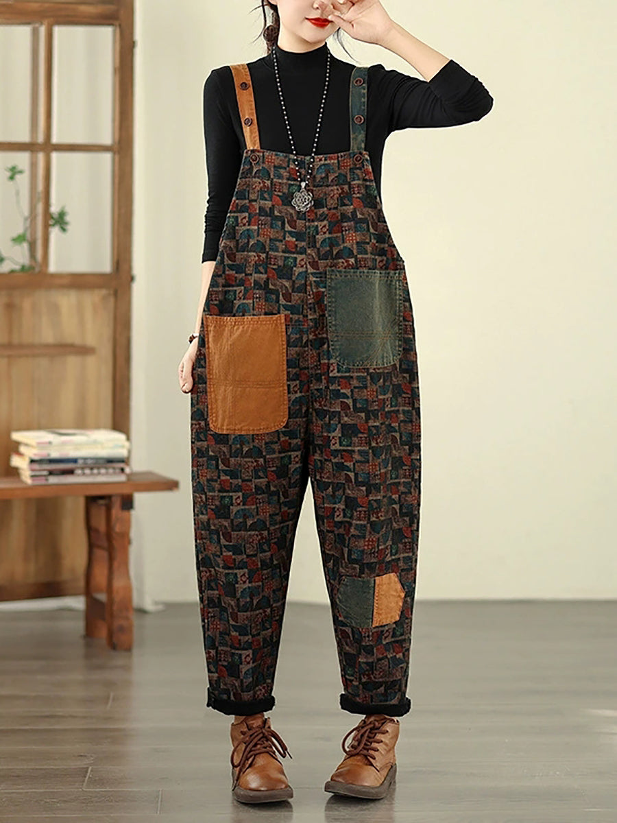 Women Vintage Patchwork Cotton Loose Denim Jumpsuits-S.fashion