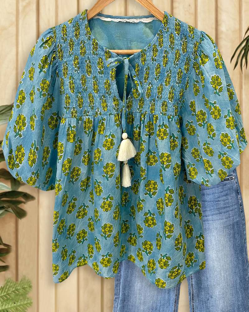 Floral Print Smocked Stunning Puff Sleeve T-Shirt-S.fashion