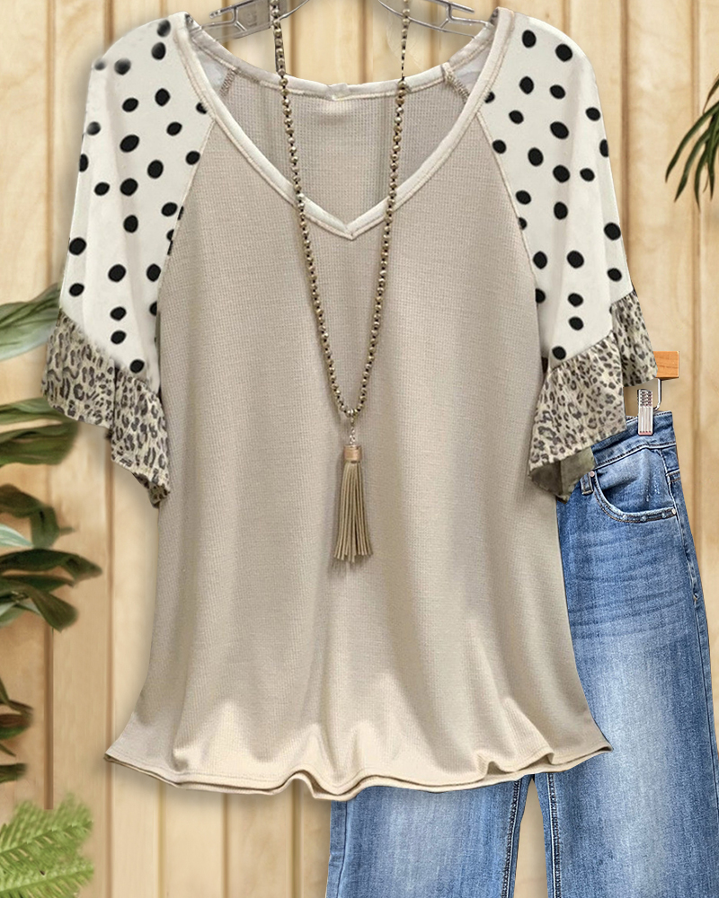 Patchwork Dot & Leopard Print Raglan Sleeve Laid Back T-Shirt-S.fashion