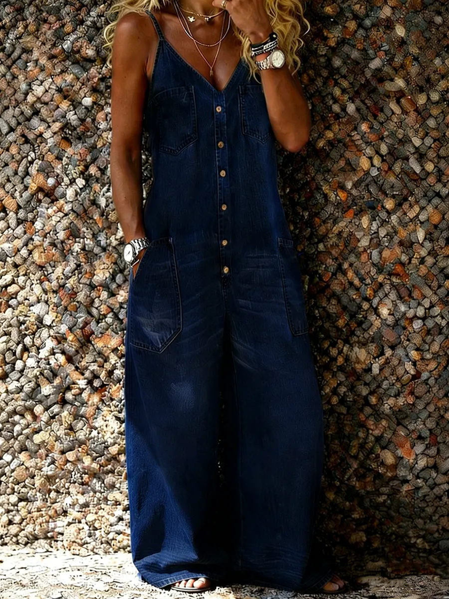 Women's Art Casual Washed Cotton Denim Jumpsuit-S.fashion