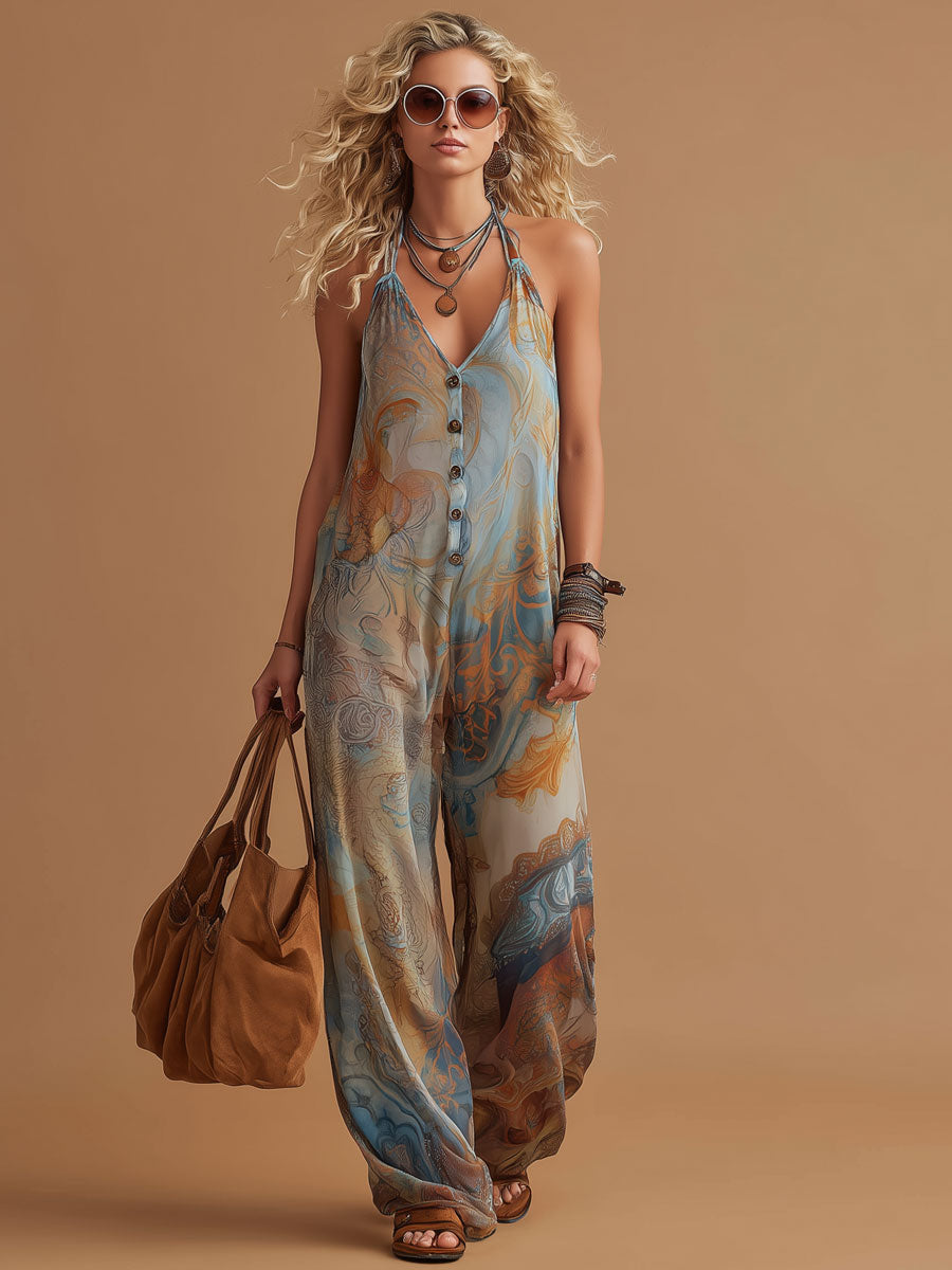 Vacation Retro Bohemian Print Chiffon Sleeveless Wide-Leg Jumpsuit-S.fashion