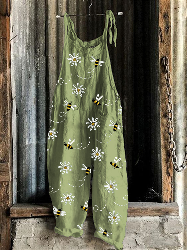 Flying Bees & Daisies Print Pattern Jumpsuit-S.fashion
