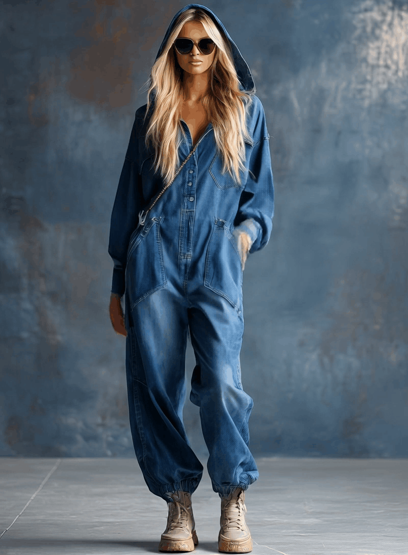 Casual Loose-fit Hooded Blue Denim Button-front Long-sleeved Jumpsuit-S.fashion