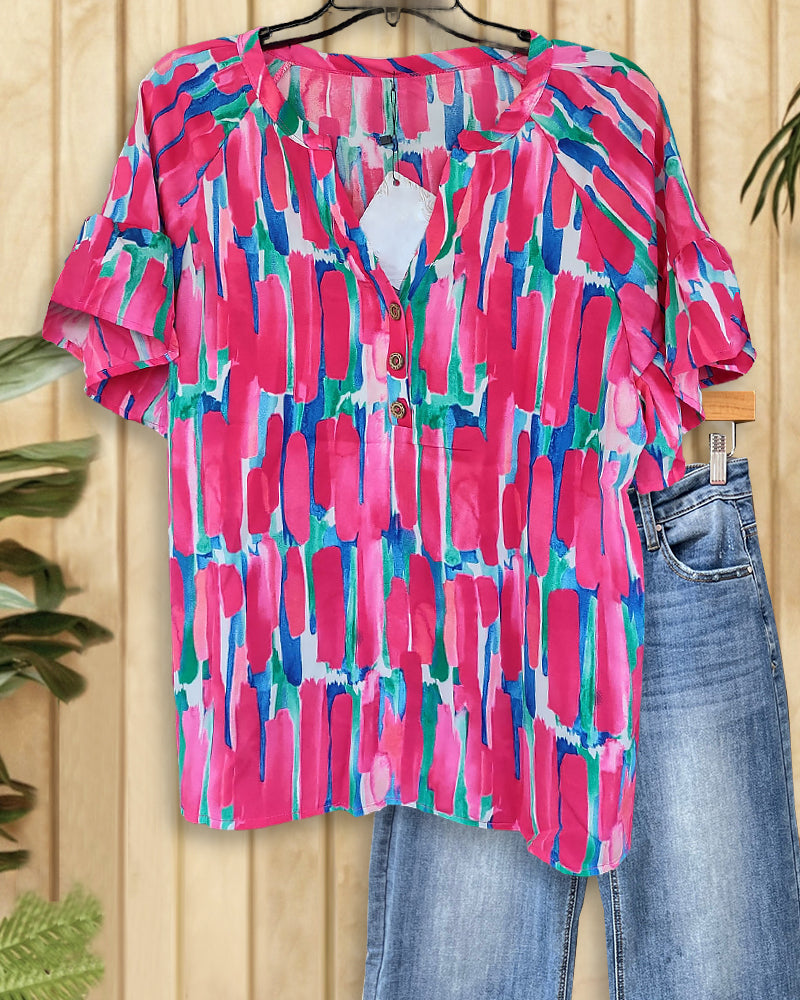 Watercolor Print Feminine Ruffle Sleeve Blouse-S.fashion