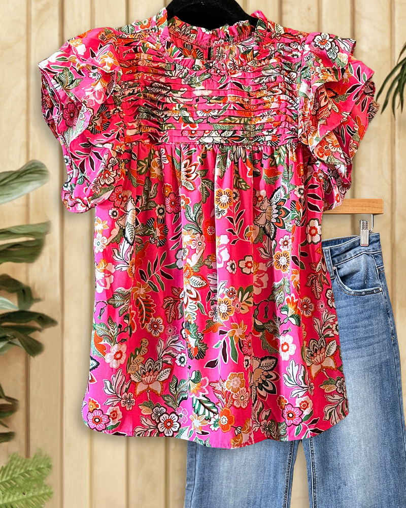 Floral Print Romantic Pleated Ruffle Sleeve T-Shirt-S.fashion
