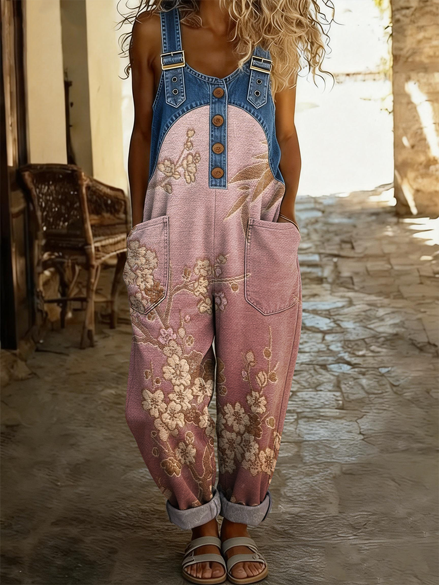 Women's Retro Ethnic Floral Art Print Casual Strappy Denim Jumpsuit-S.fashion
