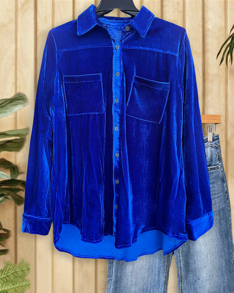 Solid Color Velvet Simple Button Down Blouse-S.fashion