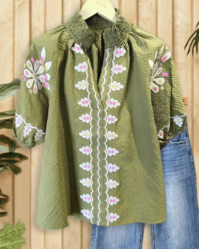 Floral Embroidery Retro Puff Sleeve T-Shirt-S.fashion
