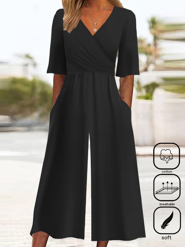 Loose V Neck Casual Pocket Stitching Jumpsuit-S.fashion