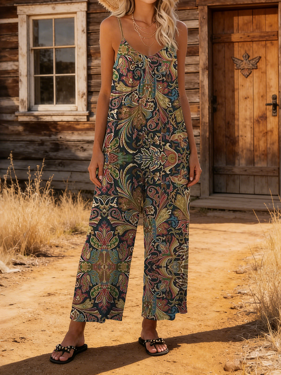 Women's Retro Ethnic Floral Art Print Casual Camisole Jumpsuit-S.fashion