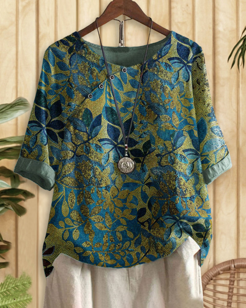 Vintage Floral Print Pastoral Round Neck Blouse-S.fashion