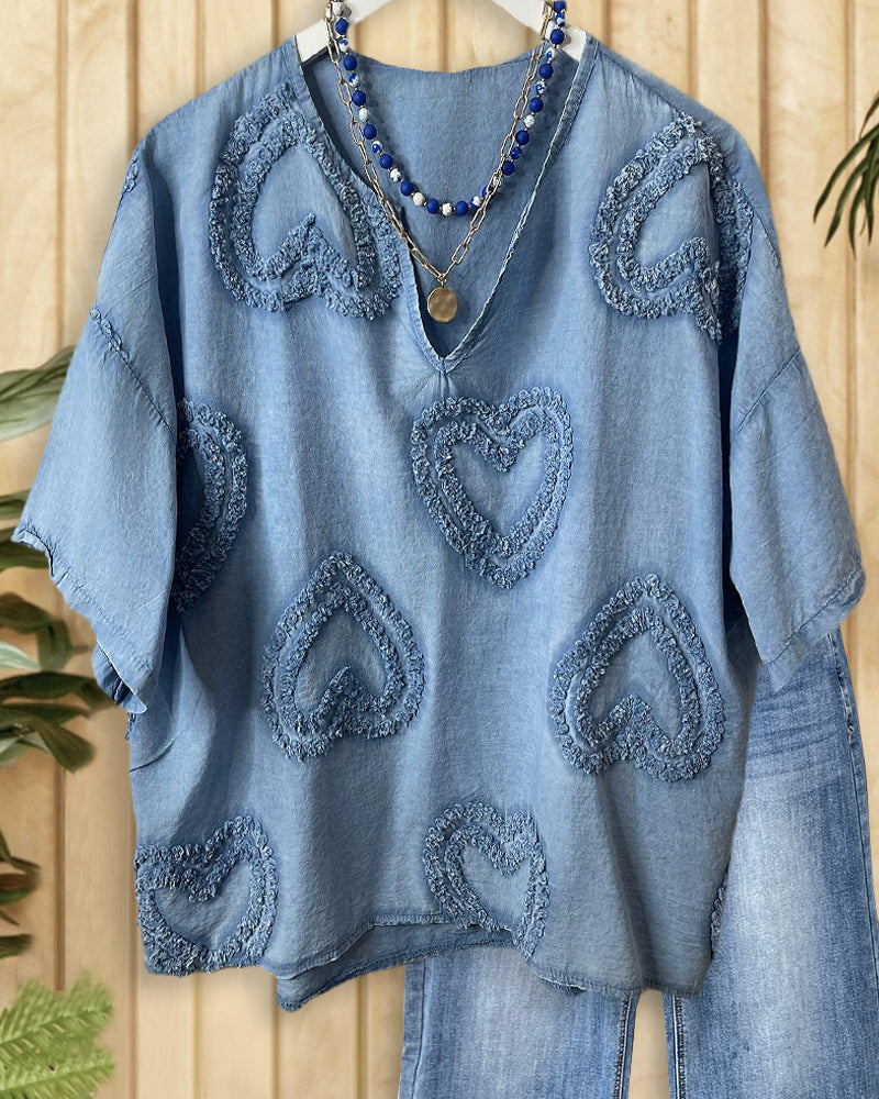 Heart Denim Laid Back V Neck T-Shirt-S.fashion