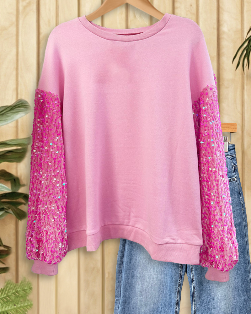 Sequin Sleeve Washed Sweatshirt-S.fashion