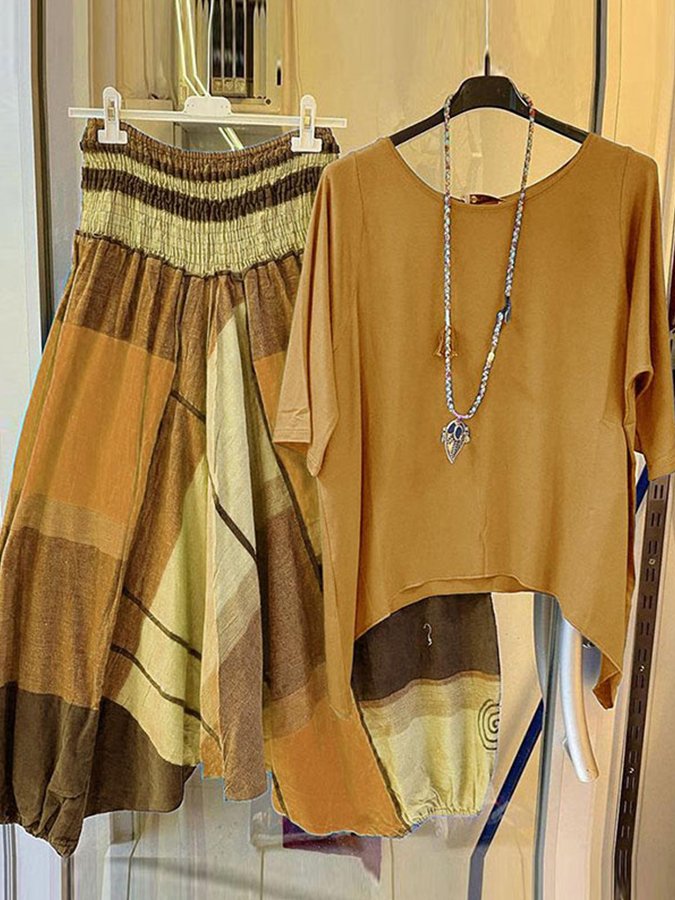 Women's Irregular Stripe Print Top Pants Two Piece Set-S.fashion
