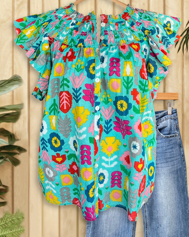 Floral Print Shirring Sweet Ruffle Sleeve T-Shirt-S.fashion