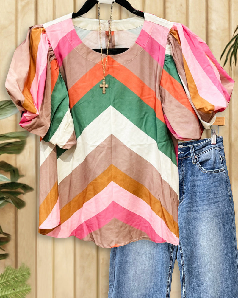 Striped Colorful Puff Sleeve T-Shirt-S.fashion