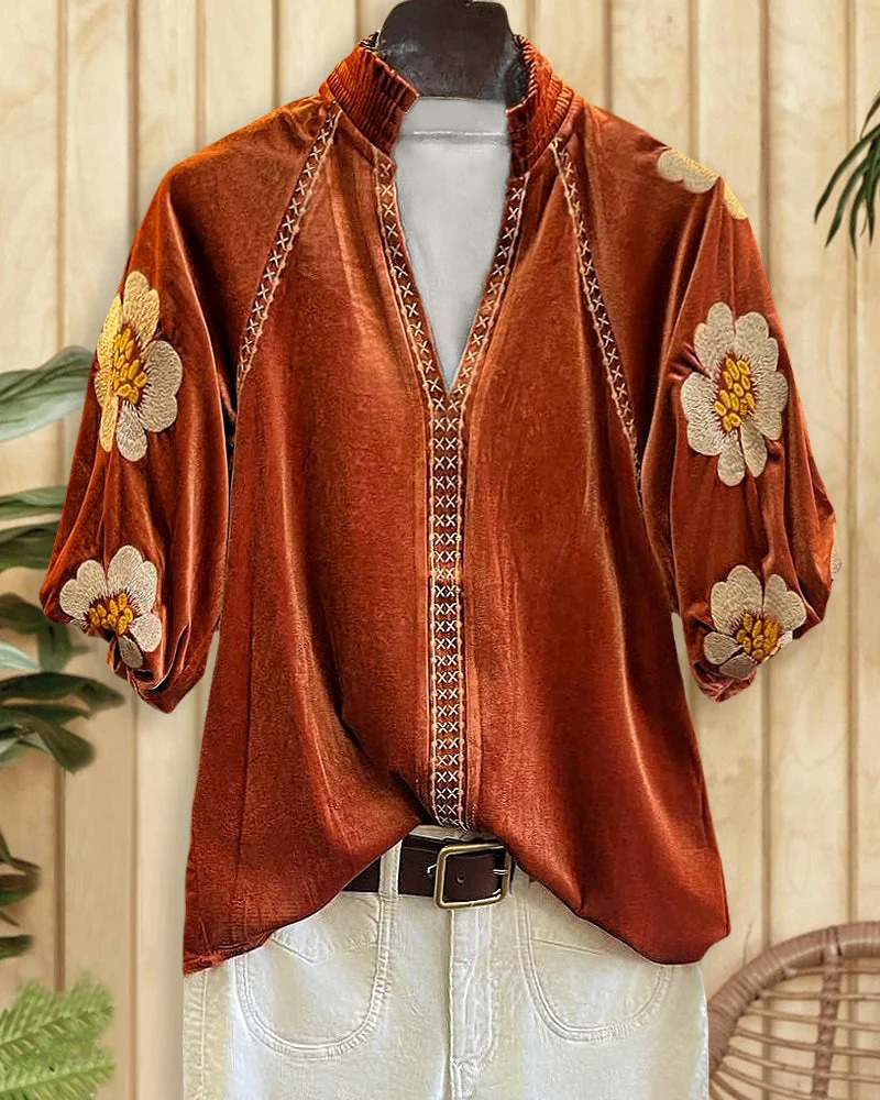 Floral Print Velvet Elegant Puff Sleeve T-Shirt-S.fashion