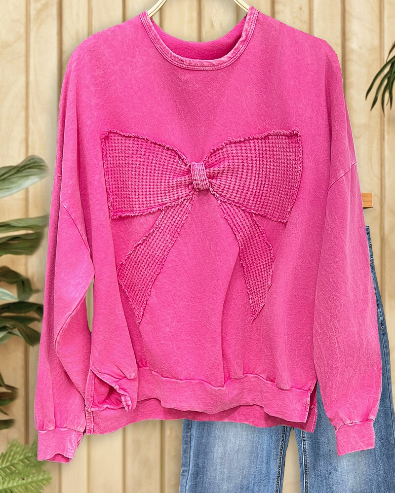 Bow Applique Sweet Round Neck Drop-Shoulder Blouse-S.fashion