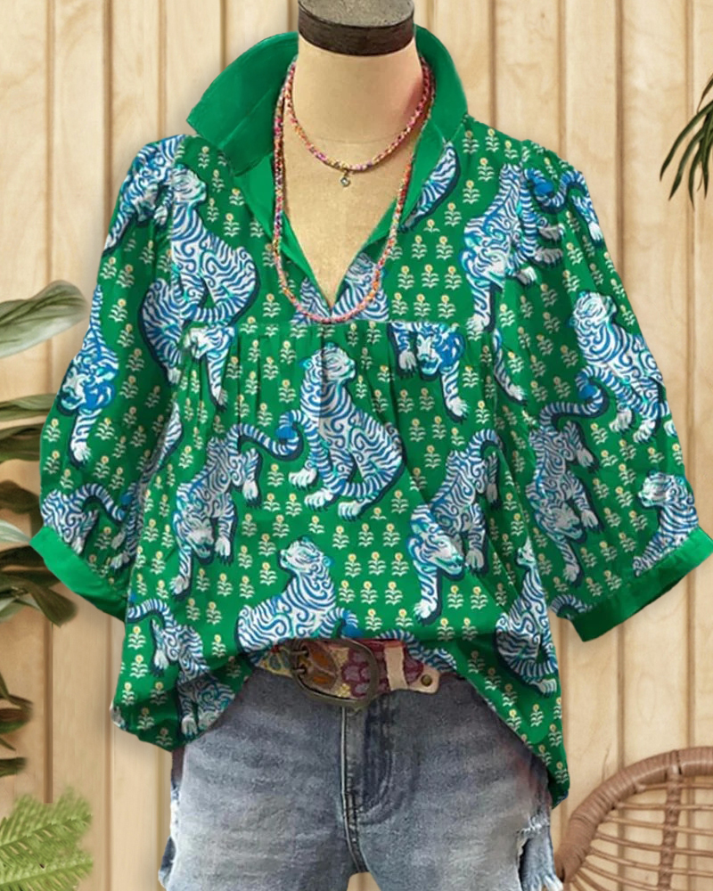 Animal & Floral Mixed Print Relaxed V Neck T-Shirt-S.fashion
